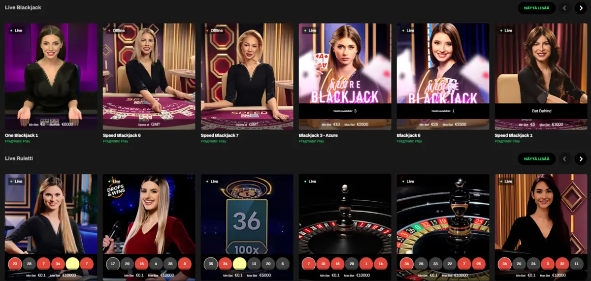 Kuvakaappaus Hilli Casinon live-kasinosta ja suosituimmista live-peleistä