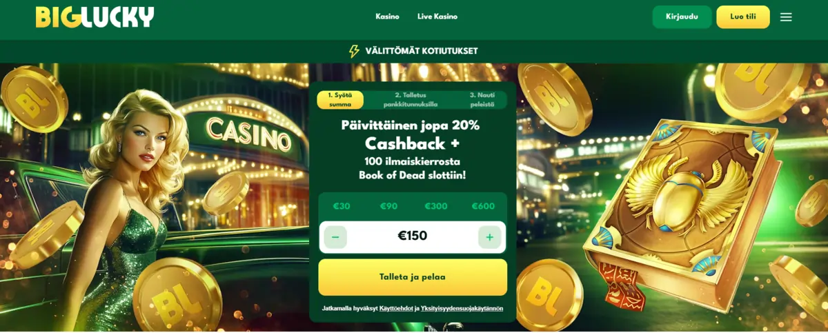 Big Lucky Casinon peliaula, jossa näkyy mahdollisuus talletukseen