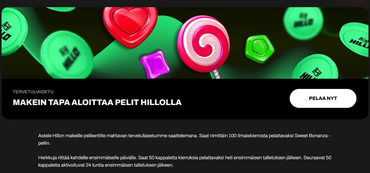 Hillo Casino ja kuvakaappaus tervetulobonuksesta