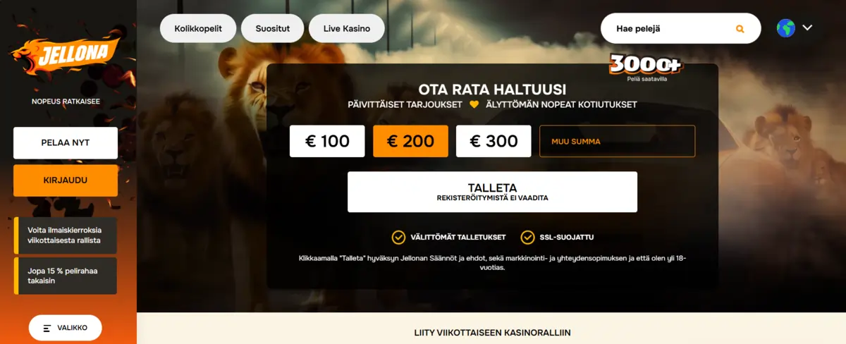 Jellona Kasino ja kuvakaappaus peliaulasta, jossa näkyy leijona, kolikkopelit ja talletusikkuna