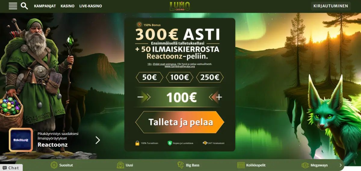 Lumo Casino peliaula, jossa näkyy tervetulobonus ja talletus mahdollisuus