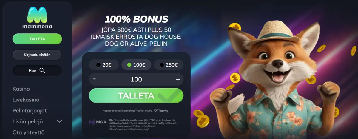 Mammona Kasinon peliaula, jossa näkyvissä talletusosio ja kettu