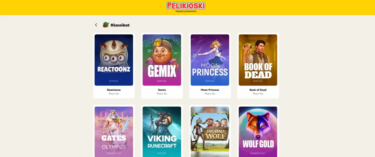 Pelikioski nettikasino ja pelivalikoima. Kuvakaappaus klassikko kasinopeleistä kuten Reactoonz