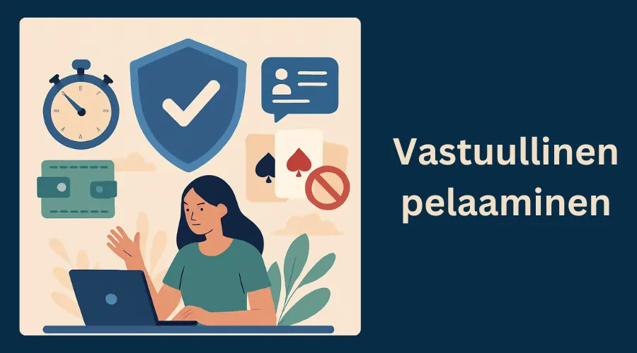 Vastuullinen pelaaminen, jota kuvaavat ajastin, lompakko, pelikortit, turvamerkki ja tietokoneella istuva nainen