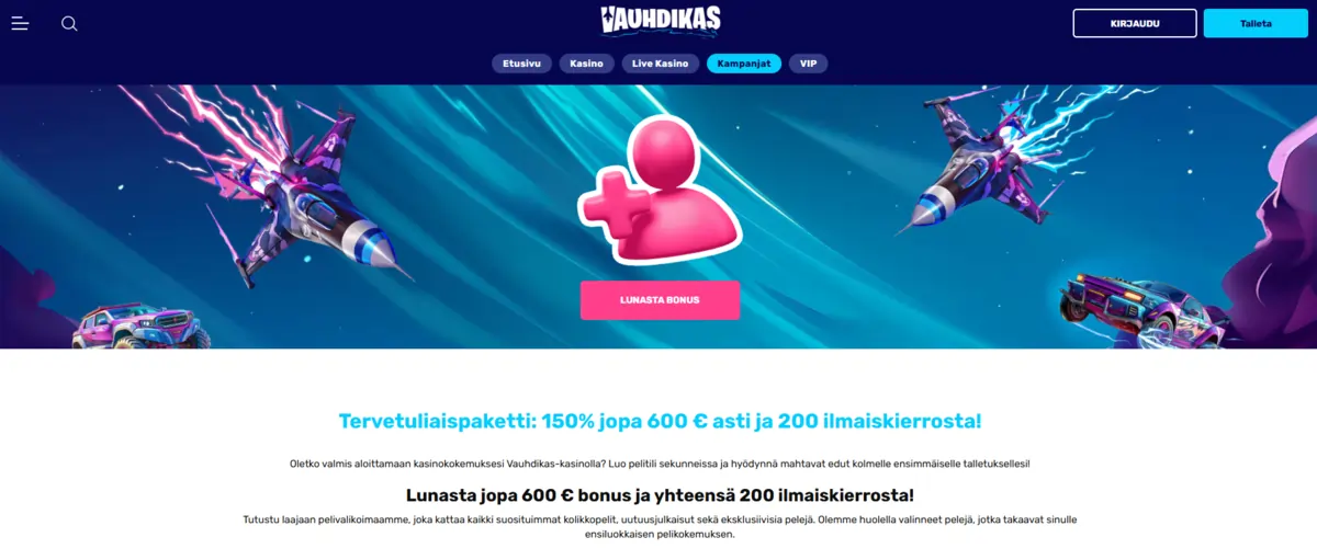 Vauhdikas Casinon tervetulobonus, bonusrahaa ja ilmaiskierroksia kolmelle ensimmäiselle talletukselle