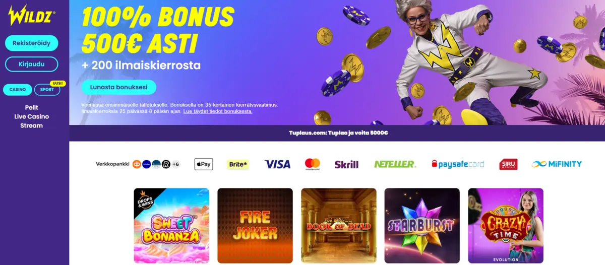 Wildz Casino - 100 % bonus 500 € asti ja 200 ilmaiskierrosta. Rekisteröidy tai kirjaudu, käytettävissä useita maksutapoja. Suosituimmat pelit esillä.
